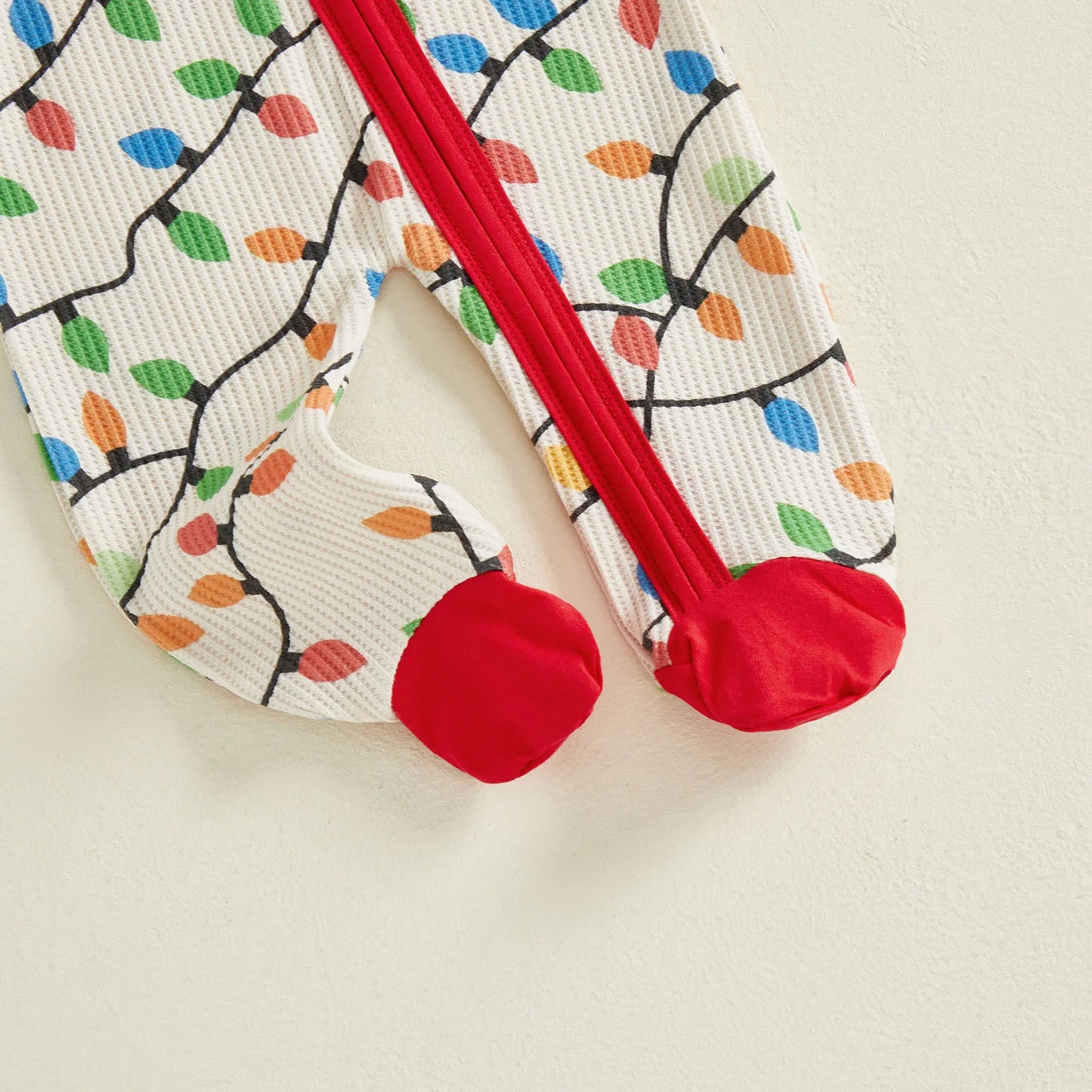 Newborn Baby Boys Girls Christmas Romper Lamp String Print Long Sleeve Zip Up Round Neck Footed Jumpsuit Hat