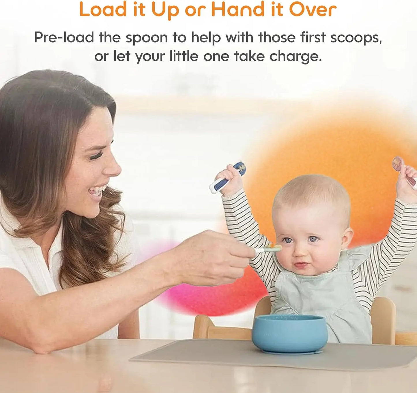 Self-Feeding Spoons Set for Babies 6+ Months, Silicone Toddler Utensils, BPA-Free, 2 per Pack, Blue/Orange