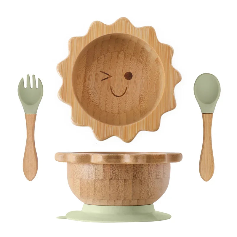 Bamboo Bowl with Silicone Suction, Wooden Handle, Fork, and Spoon