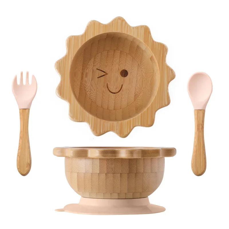 Bamboo Bowl with Silicone Suction, Wooden Handle, Fork, and Spoon