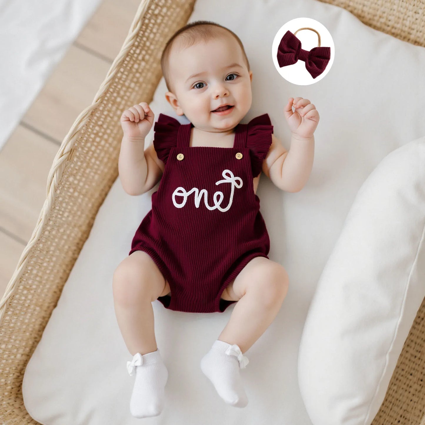 First‑Light Flying Sleeve Romper with Bow