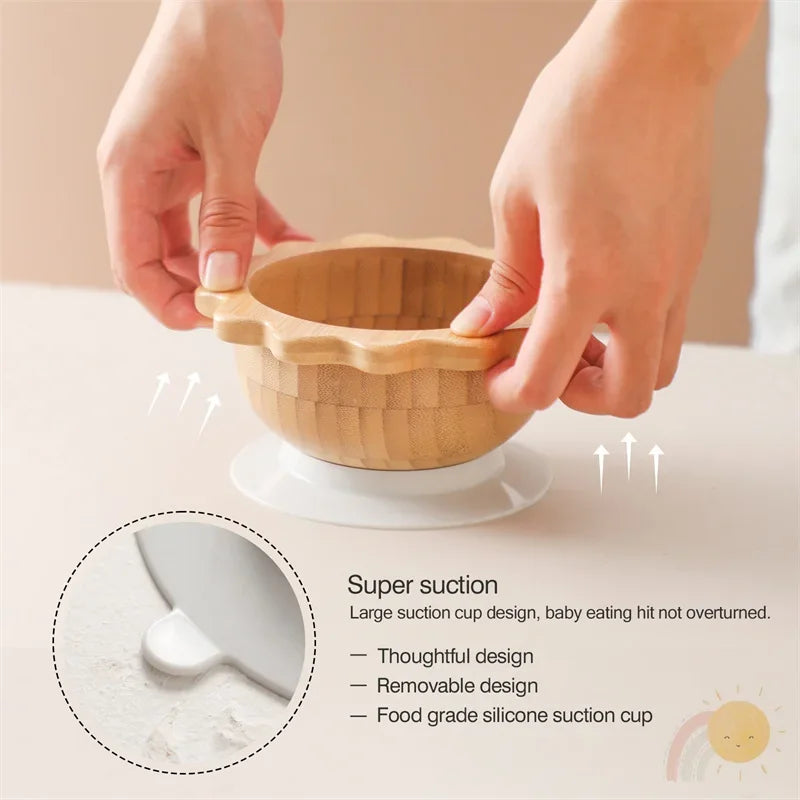 Bamboo Bowl with Silicone Suction, Wooden Handle, Fork, and Spoon