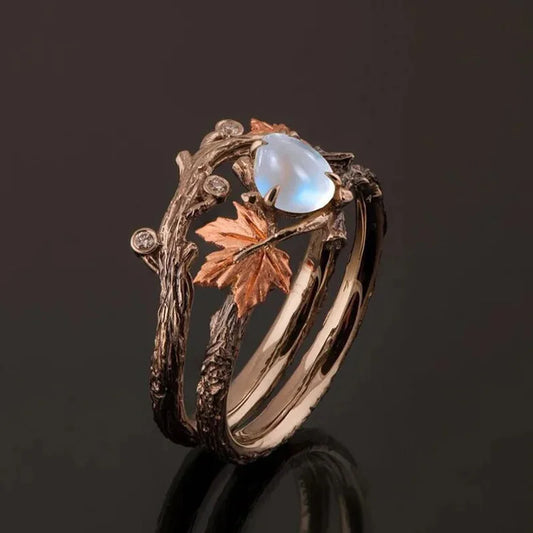 Vintage Antique Gold Twig Maple Leaf Moonstone Ring