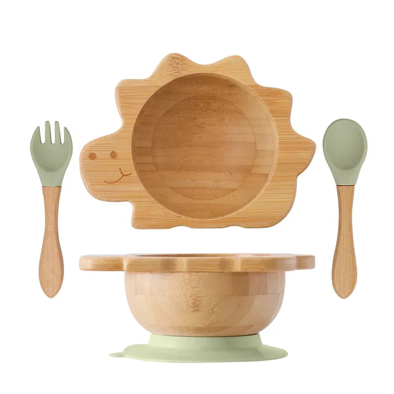 Bamboo Bowl with Silicone Suction, Wooden Handle, Fork, and Spoon