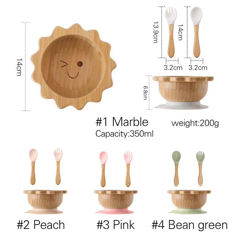 Bamboo Bowl with Silicone Suction, Wooden Handle, Fork, and Spoon