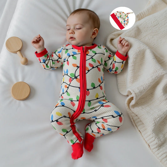 Newborn Baby Boys Girls Christmas Romper Lamp String Print Long Sleeve Zip Up Round Neck Footed Jumpsuit Hat