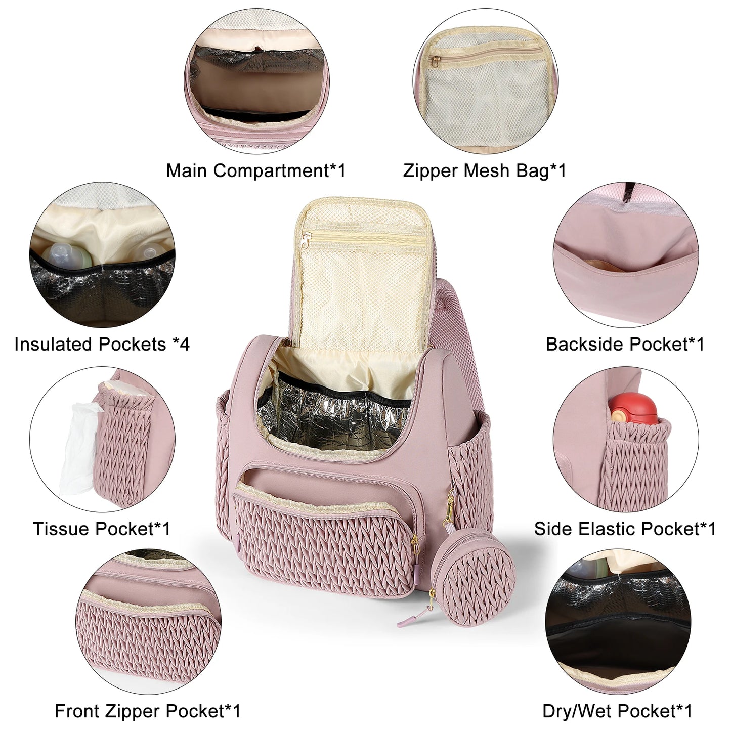 Pink Insulated Diaper Backpack with Tassel Detail - Insulated Diaper Backpack - Lightweight, Large Capacity