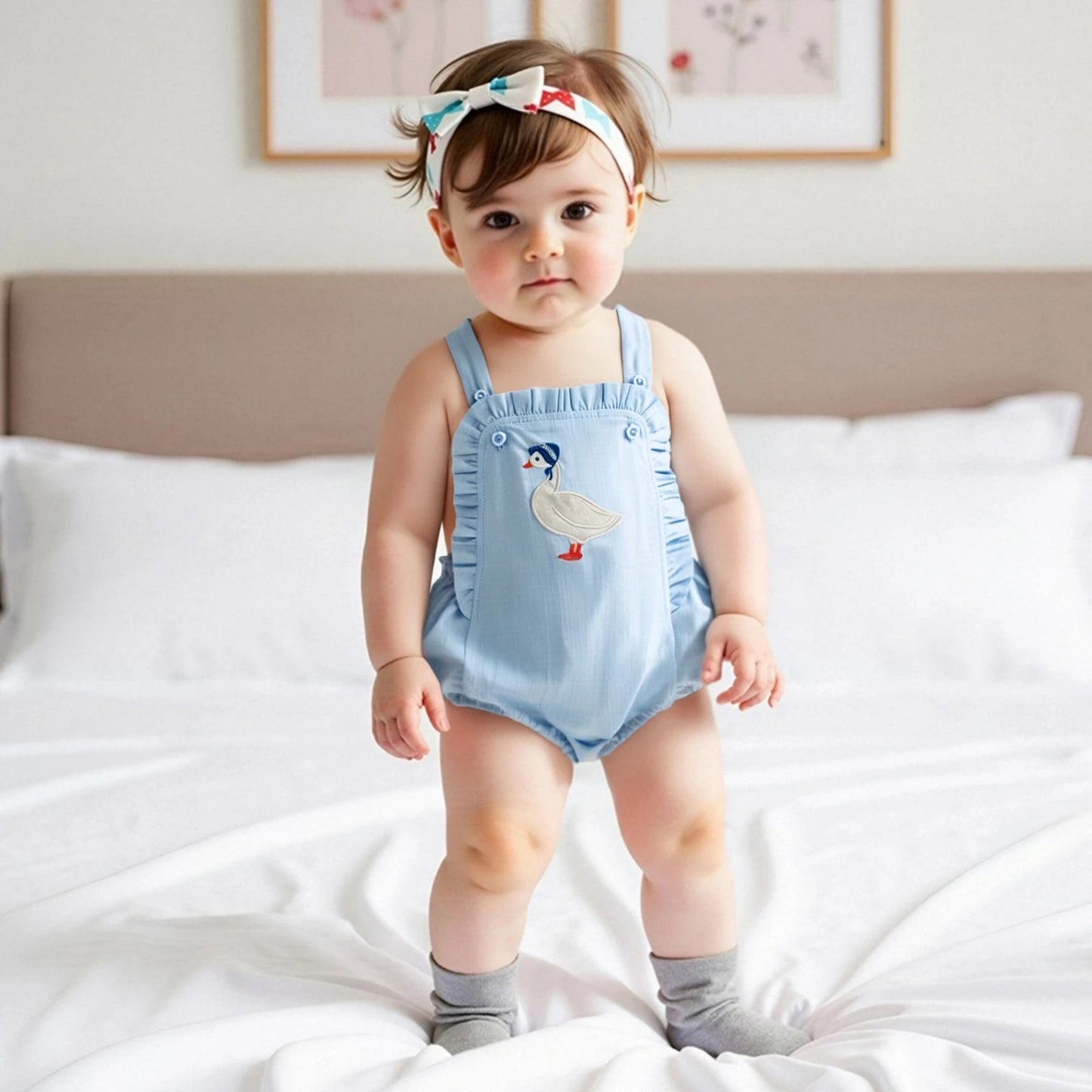 Baby Girl Summer Casual Overalls Sleeveless with Duck Embroidery