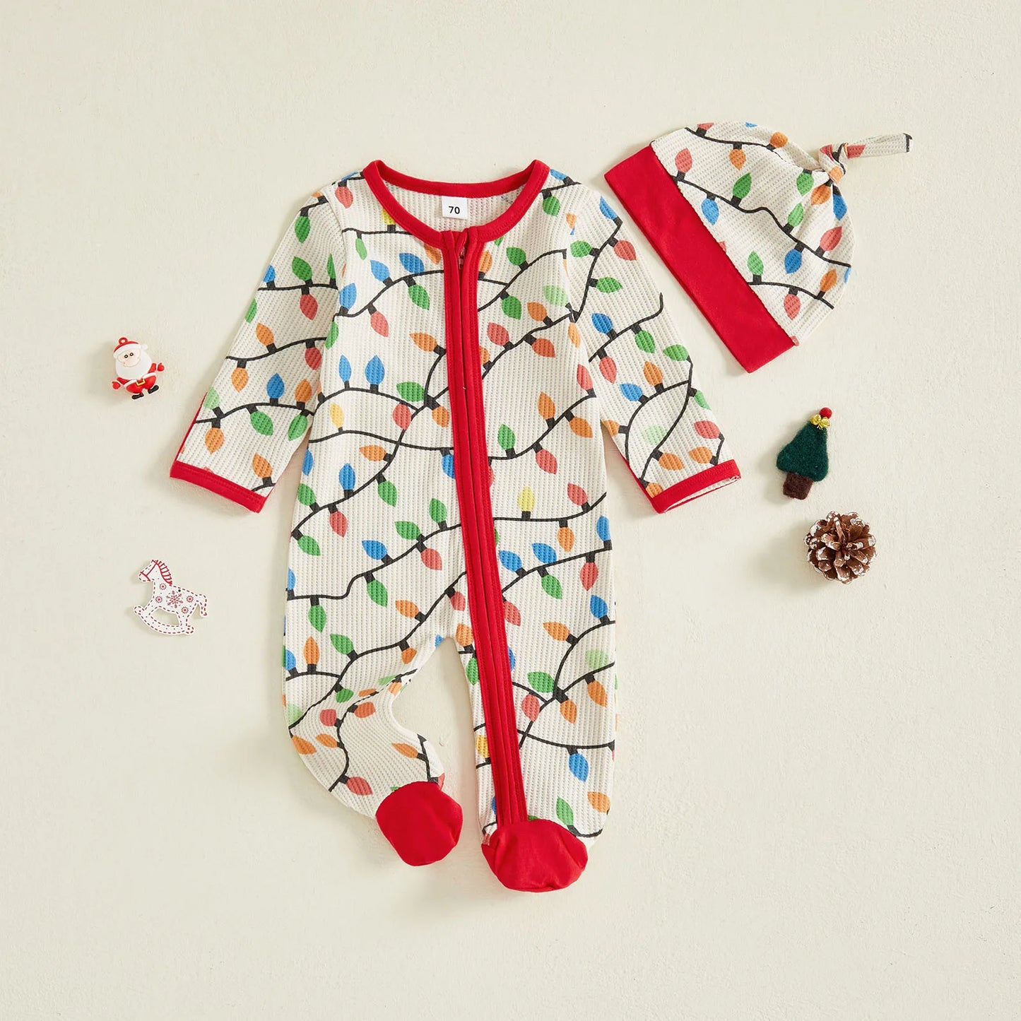 Newborn Baby Boys Girls Christmas Romper Lamp String Print Long Sleeve Zip Up Round Neck Footed Jumpsuit Hat