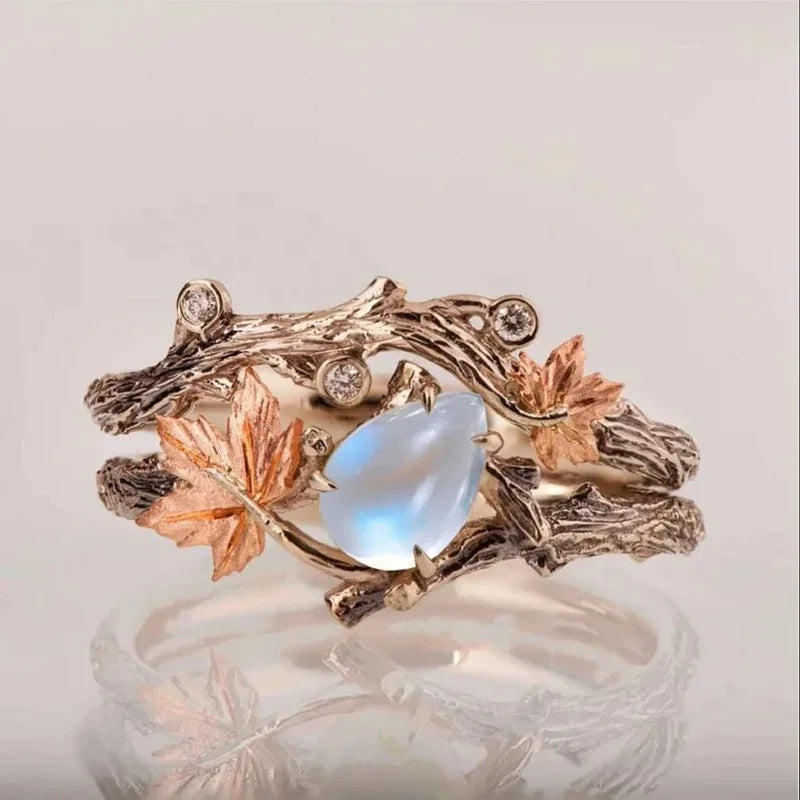 Vintage Antique Gold Twig Maple Leaf Moonstone Ring