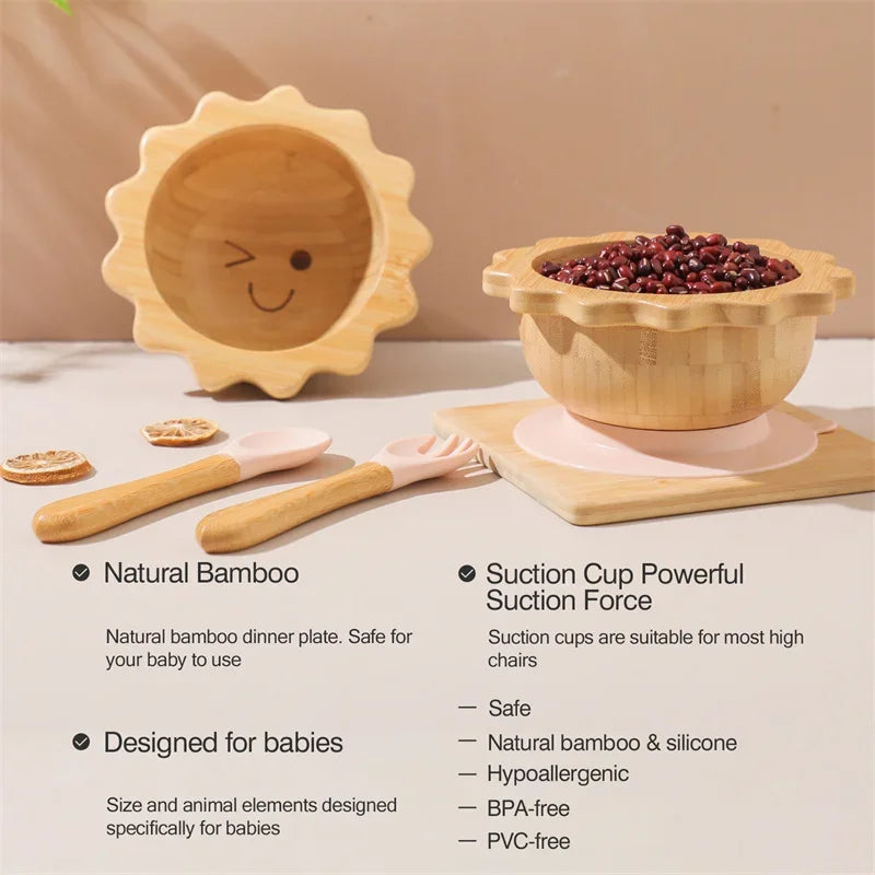 Bamboo Bowl with Silicone Suction, Wooden Handle, Fork, and Spoon
