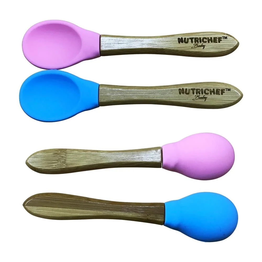 2-Piece Baby/Toddler Spoon Set, Bamboo Utensils with Soft Food Grade Silicone