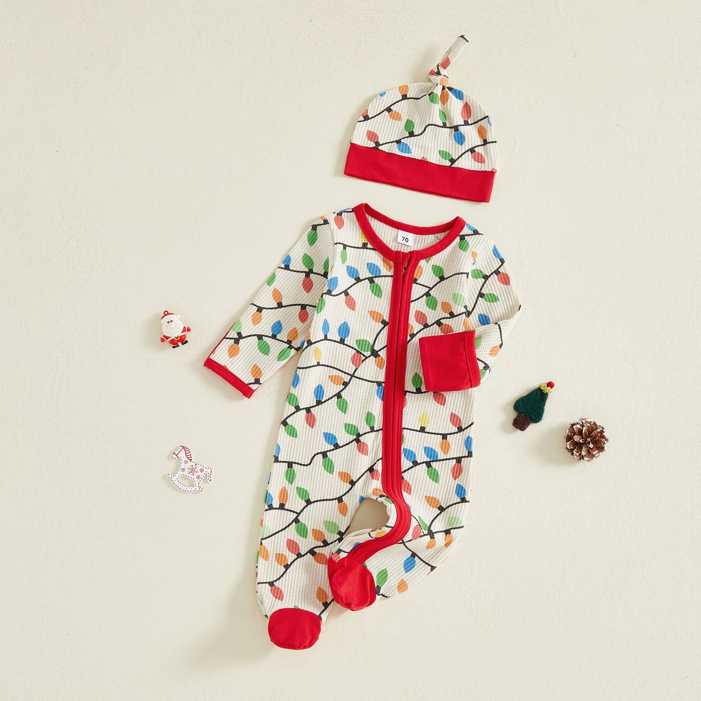 Newborn Baby Boys Girls Christmas Romper Lamp String Print Long Sleeve Zip Up Round Neck Footed Jumpsuit Hat