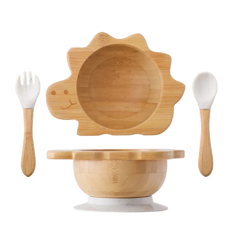 Bamboo Bowl with Silicone Suction, Wooden Handle, Fork, and Spoon