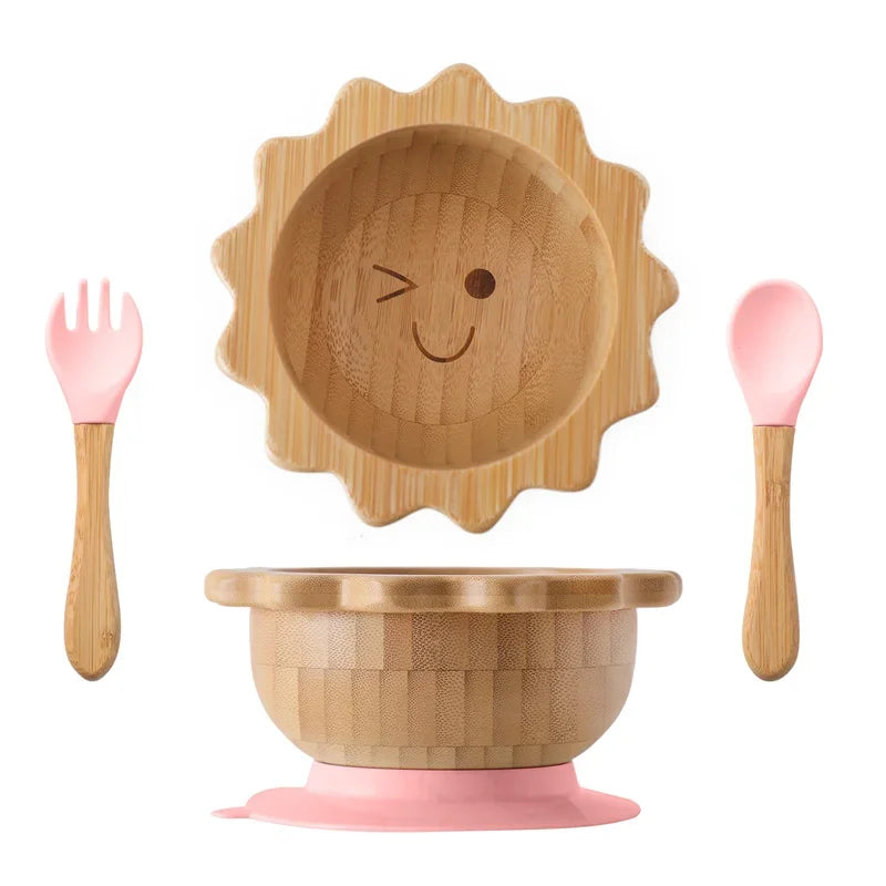 Bamboo Bowl with Silicone Suction, Wooden Handle, Fork, and Spoon