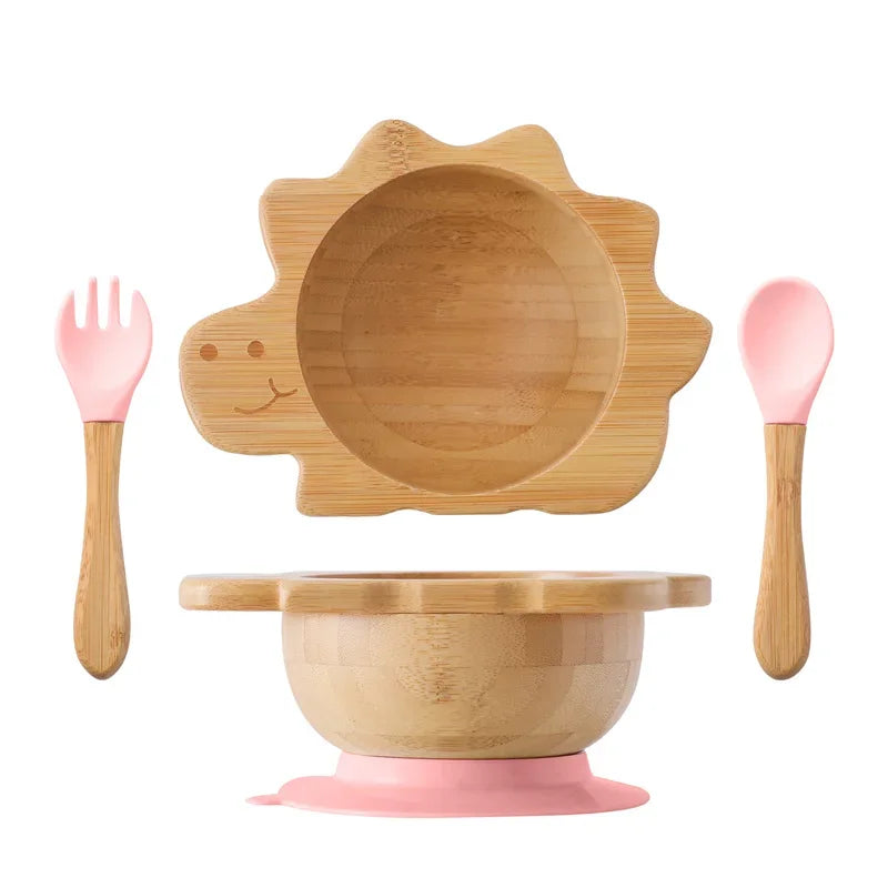 Bamboo Bowl with Silicone Suction, Wooden Handle, Fork, and Spoon