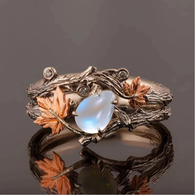 Vintage Antique Gold Twig Maple Leaf Moonstone Ring