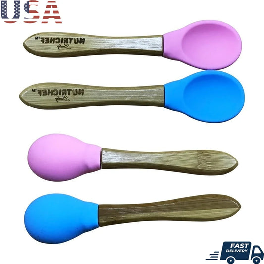2-Piece Baby/Toddler Spoon Set, Bamboo Utensils with Soft Food Grade Silicone