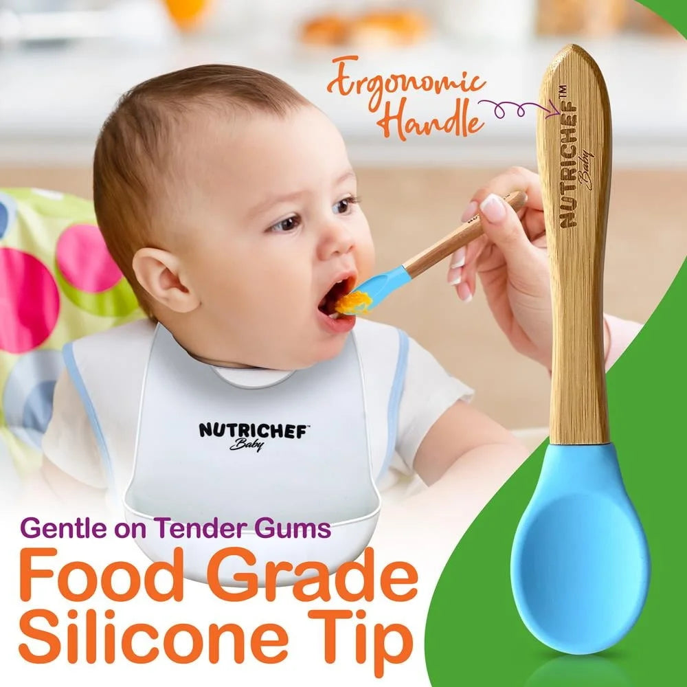 2-Piece Baby/Toddler Spoon Set, Bamboo Utensils with Soft Food Grade Silicone