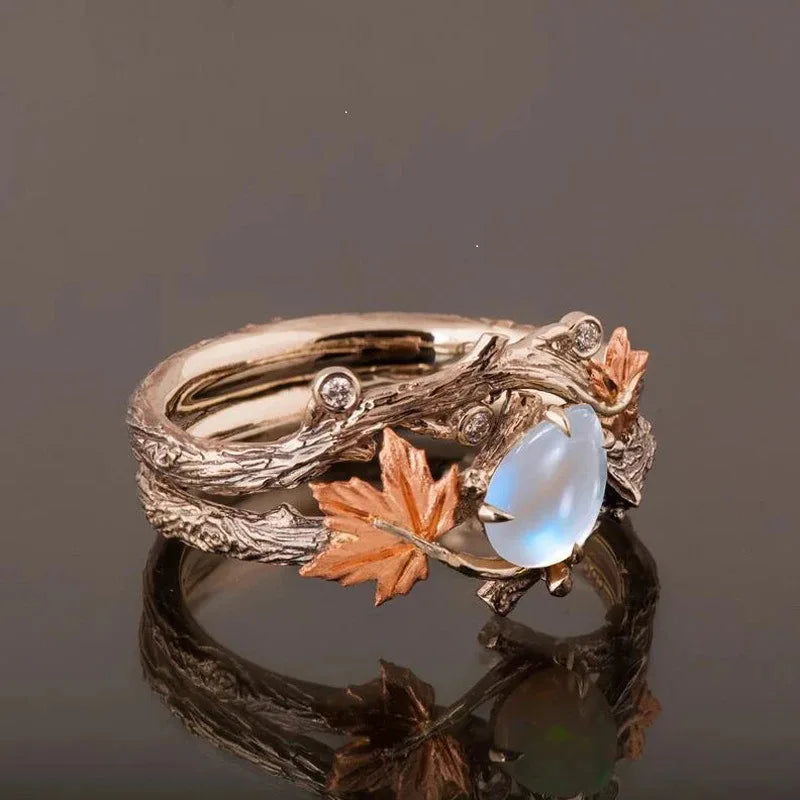 Vintage Antique Gold Twig Maple Leaf Moonstone Ring
