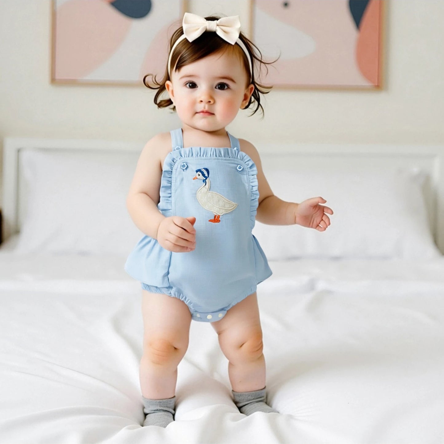 Baby Girl Summer Casual Overalls Sleeveless with Duck Embroidery