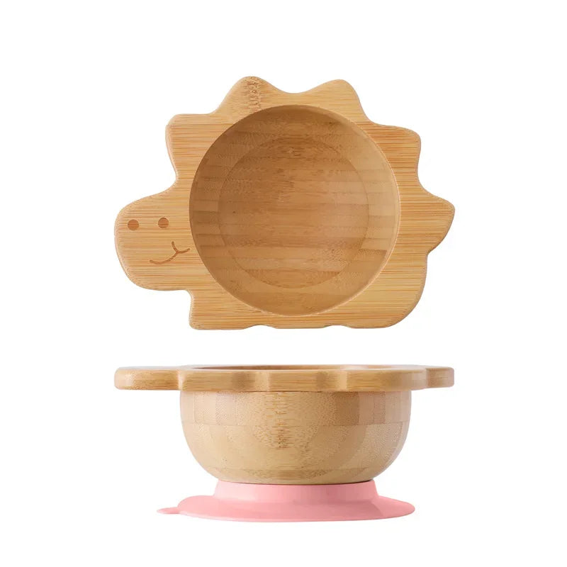 Bamboo Bowl with Silicone Suction, Wooden Handle, Fork, and Spoon