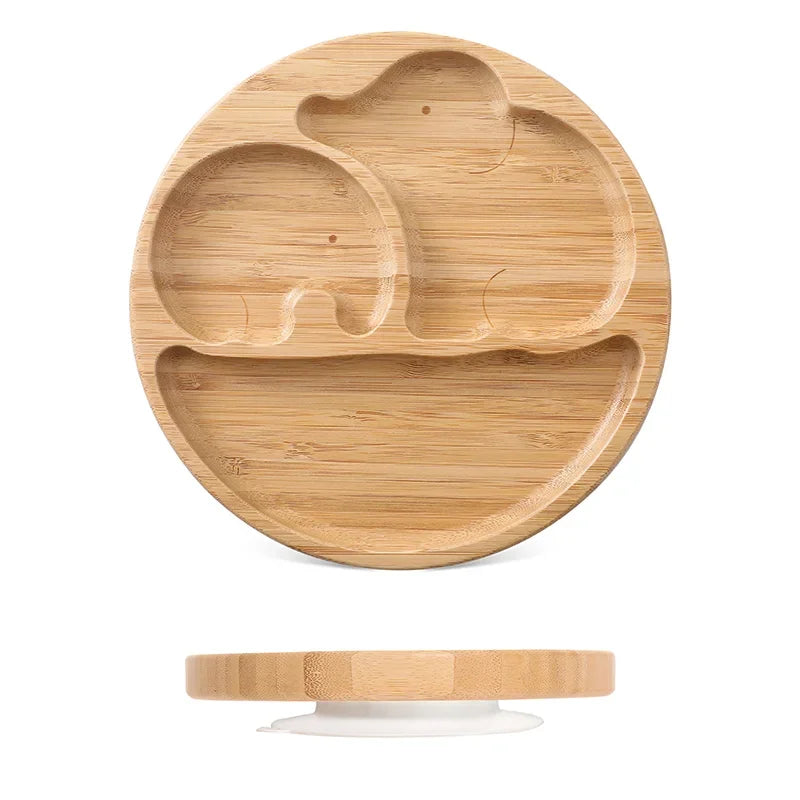 Bamboo Bowl with Silicone Suction, Wooden Handle, Fork, and Spoon