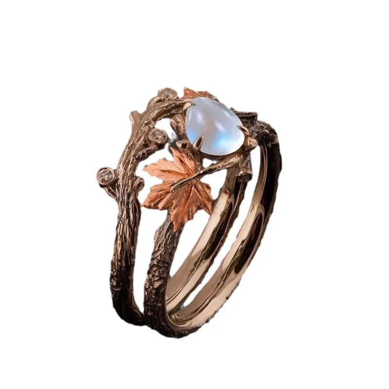 Vintage Antique Gold Twig Maple Leaf Moonstone Ring