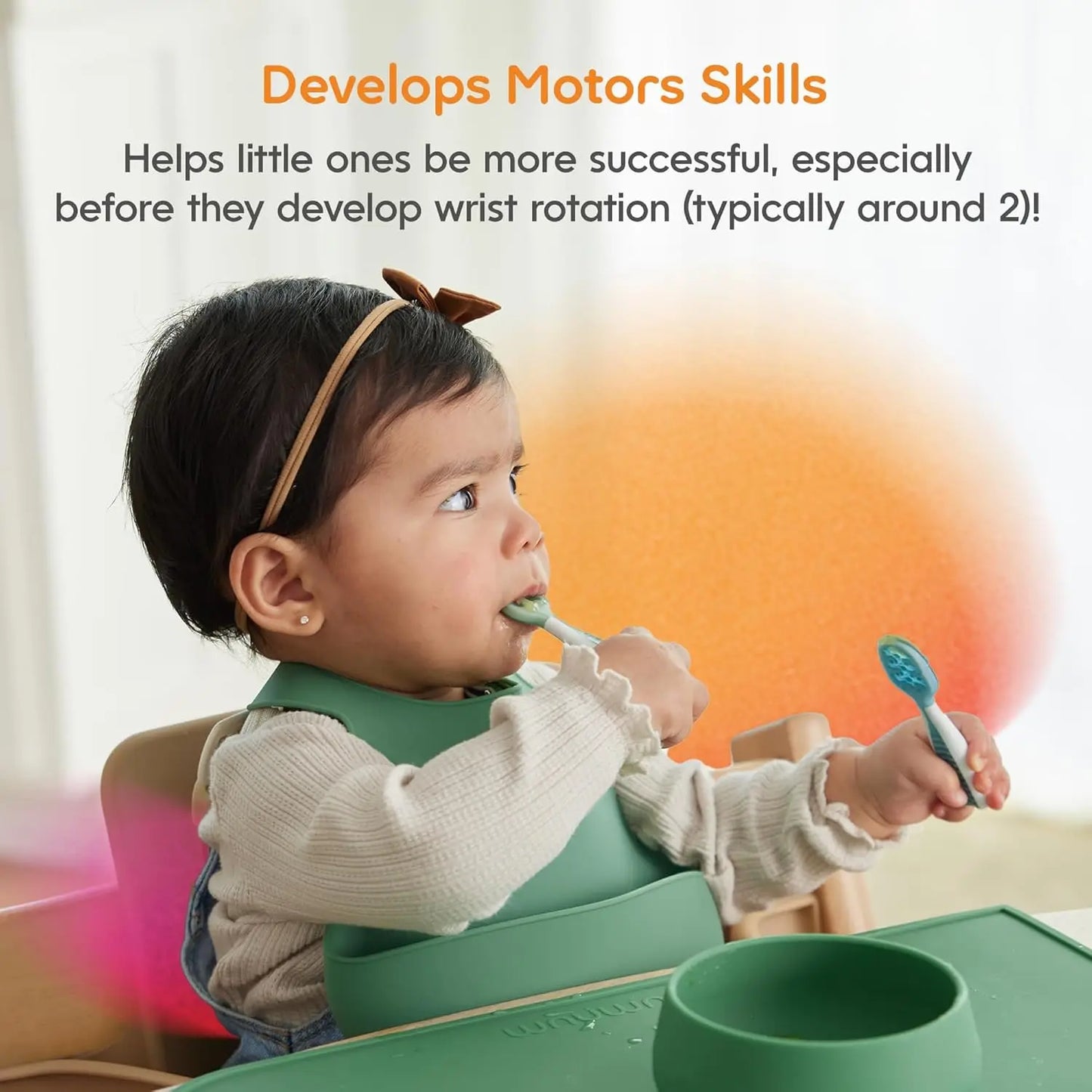 Self-Feeding Spoons Set for Babies 6+ Months, Silicone Toddler Utensils, BPA-Free, 2 per Pack, Blue/Orange