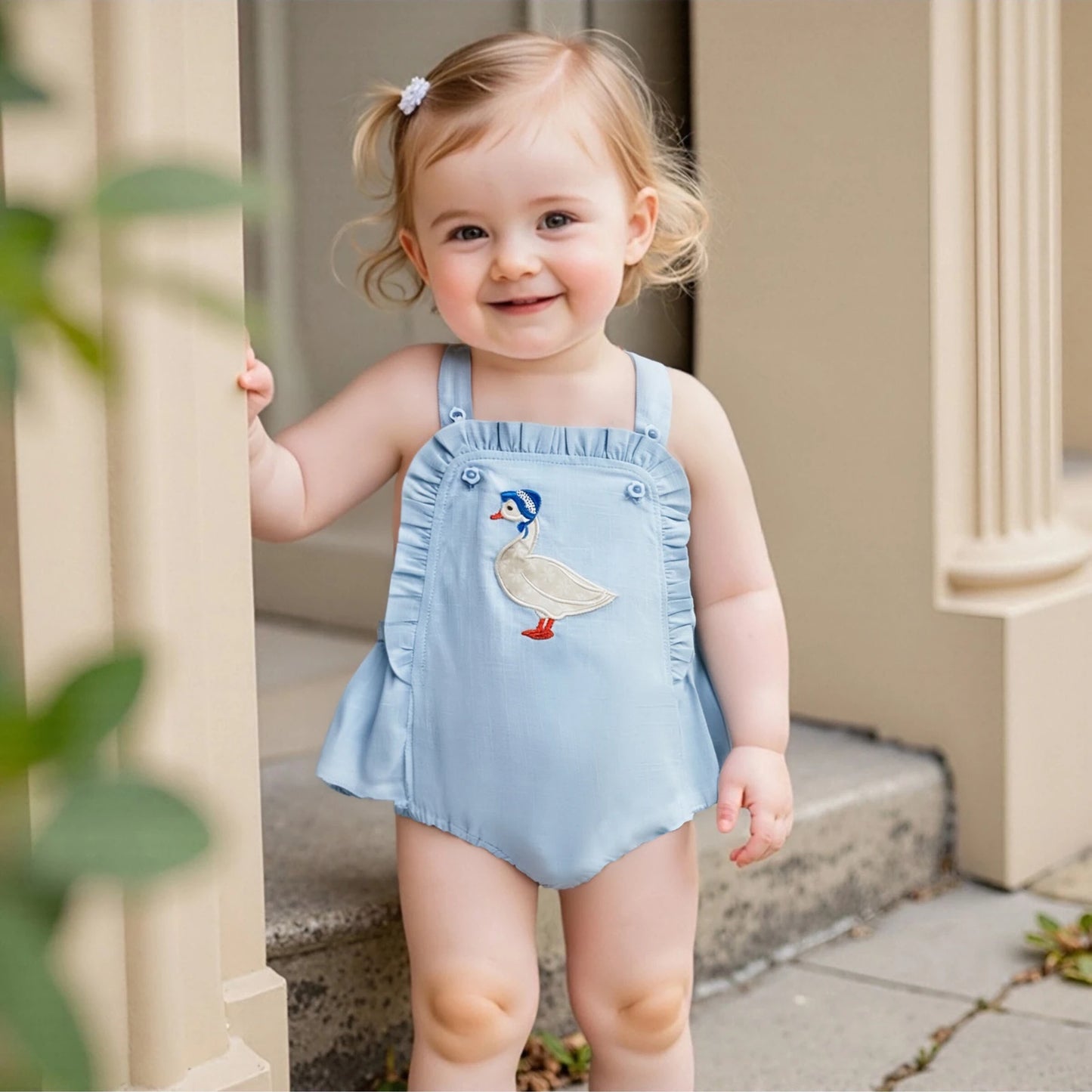 Baby Girl Summer Casual Overalls Sleeveless with Duck Embroidery