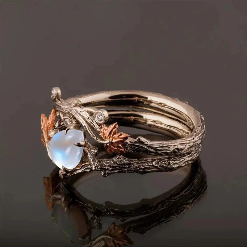 Vintage Antique Gold Twig Maple Leaf Moonstone Ring