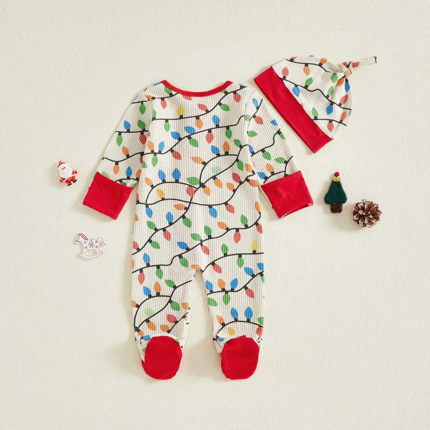 Newborn Baby Boys Girls Christmas Romper Lamp String Print Long Sleeve Zip Up Round Neck Footed Jumpsuit Hat