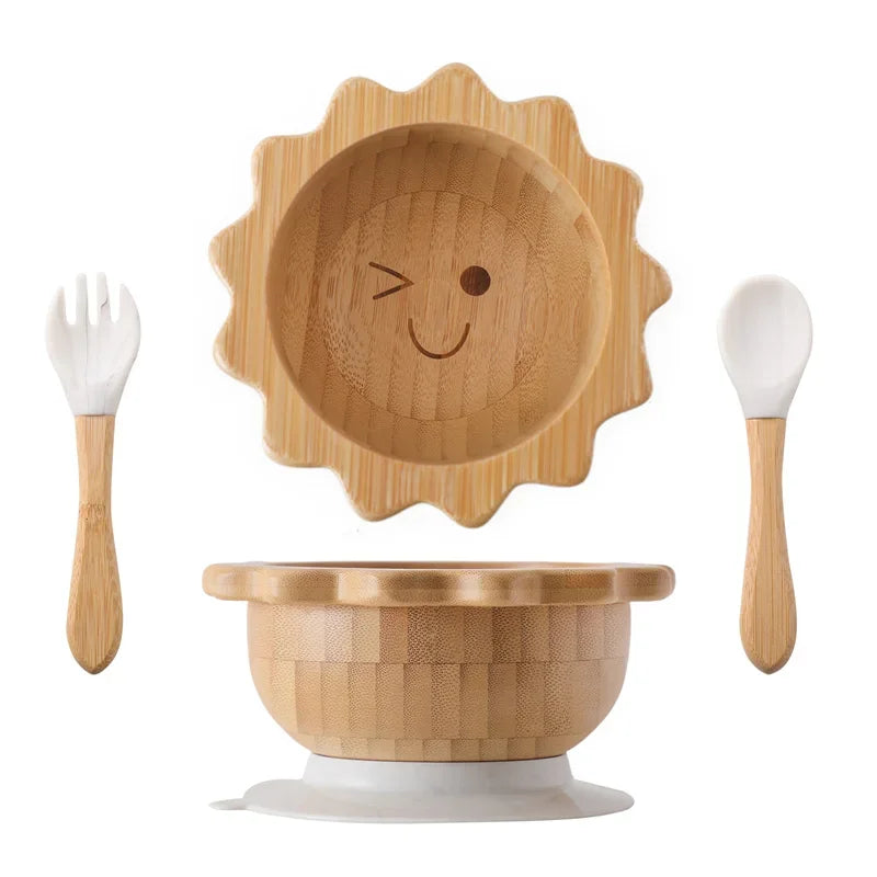 Bamboo Bowl with Silicone Suction, Wooden Handle, Fork, and Spoon