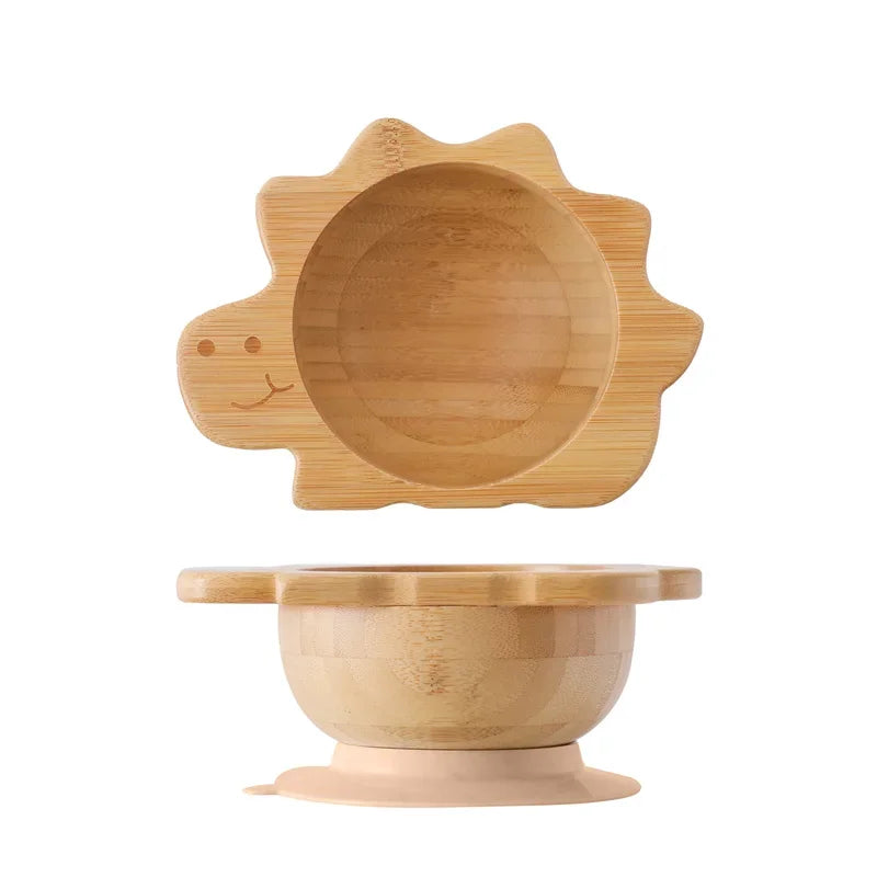 Bamboo Bowl with Silicone Suction, Wooden Handle, Fork, and Spoon