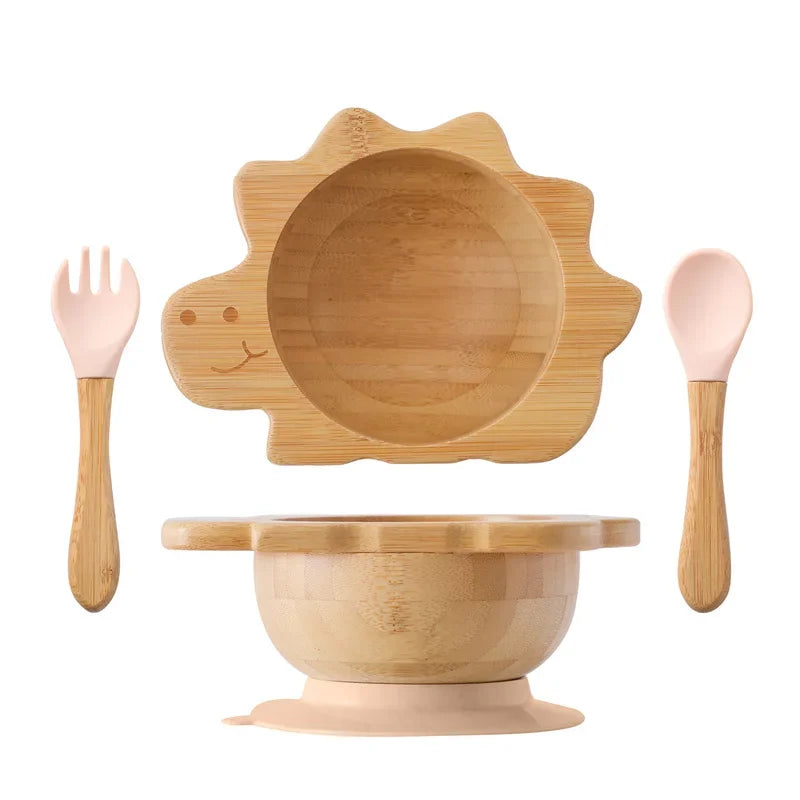 Bamboo Bowl with Silicone Suction, Wooden Handle, Fork, and Spoon
